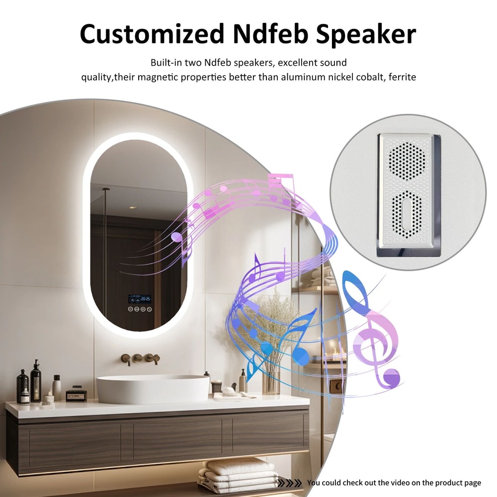 Luvodi 20x32 LED Lighted Bathroom Mirror With Bluetooth AntiFog Time Display 5