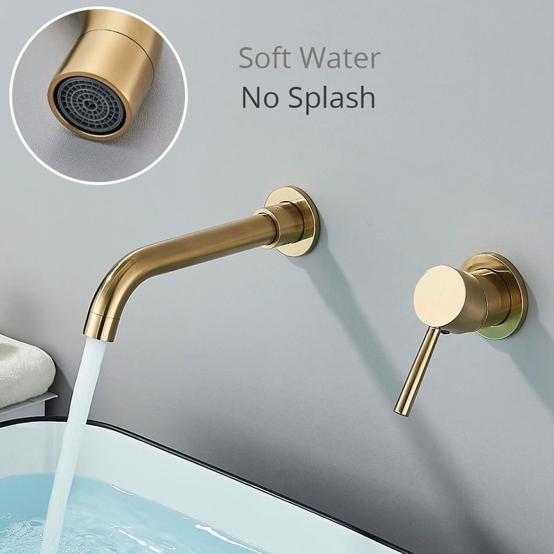Brushed Gold Wall Mount Bathroom Faucet Concealed Hot Cold Basin Mixer Tap 1