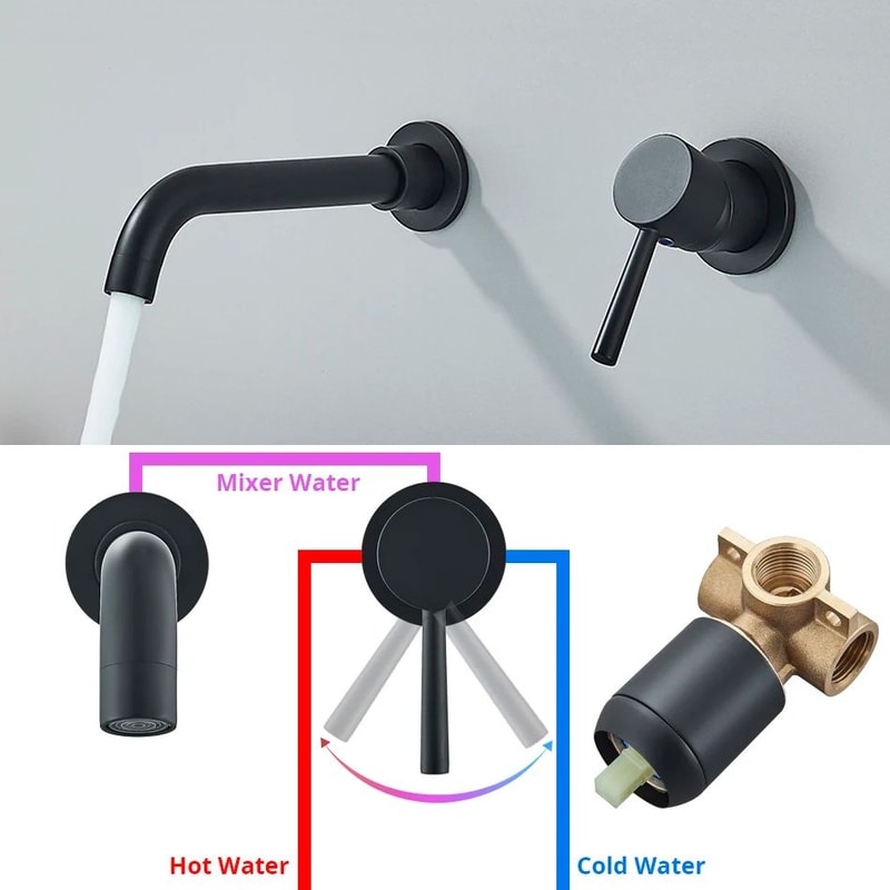 Brushed Gold Wall Mount Bathroom Faucet Concealed Hot Cold Basin Mixer Tap 4