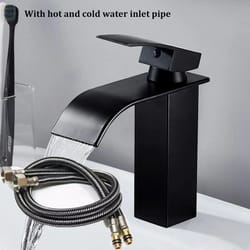 matte black waterfall bathroom faucet with hot & cold supply lines