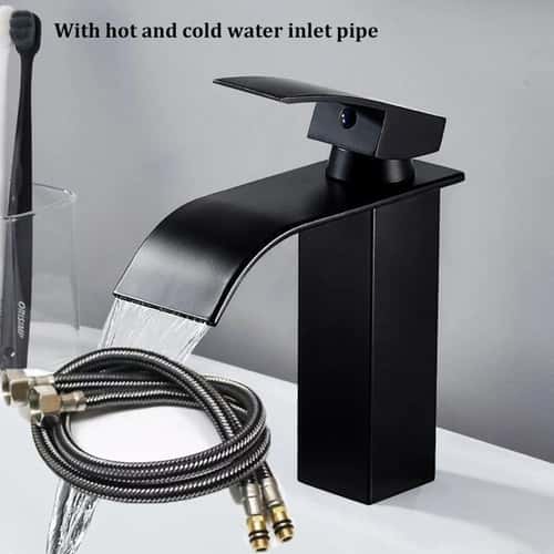 Matte Black Waterfall Bathroom Faucet with Hot & Cold Supply Lines