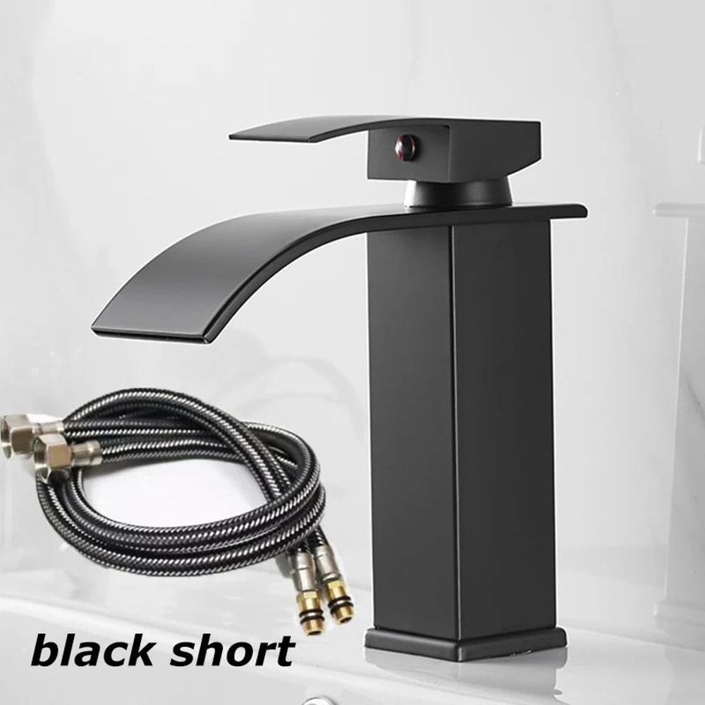 Matte Black Waterfall Bathroom Faucet With Hot Cold Supply Lines 6
