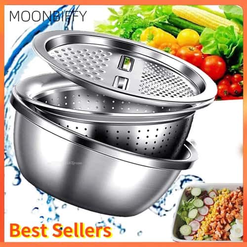 3-in-1 Stainless Steel Grater Bowl with Drain Basket - Rinse, Grate & Toss Faster