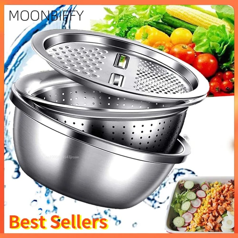 3in1 Stainless Steel Grater Bowl With Drain Basket Rinse Grate Toss Faster 0