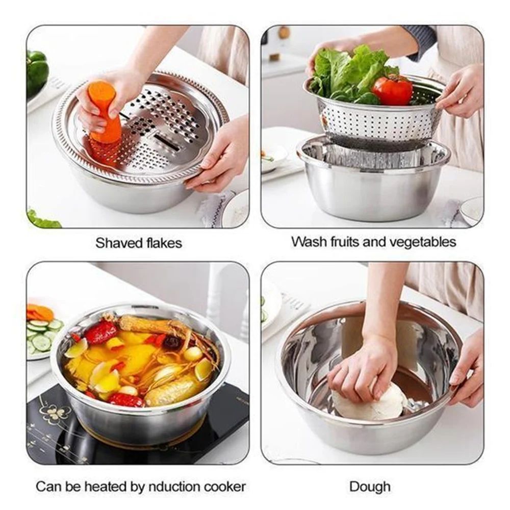 3in1 Stainless Steel Grater Bowl With Drain Basket Rinse Grate Toss Faster 3