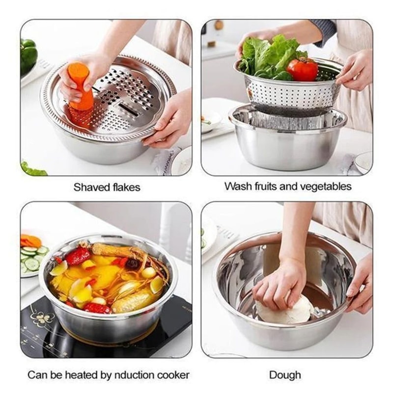 3in1 Stainless Steel Grater Bowl With Drain Basket Rinse Grate Toss Faster 3