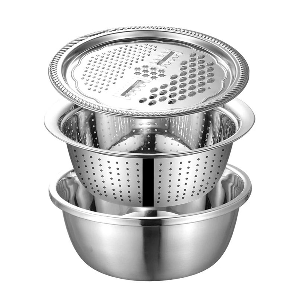 3in1 Stainless Steel Grater Bowl With Drain Basket Rinse Grate Toss Faster 7