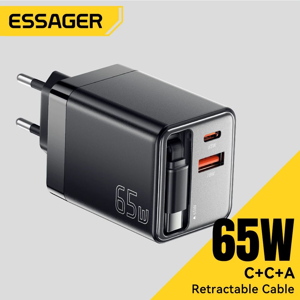 Essager 65W GaN Charger With Retractable Cable PD Fast Charging USBC Laptop Phone Power Adapter 0