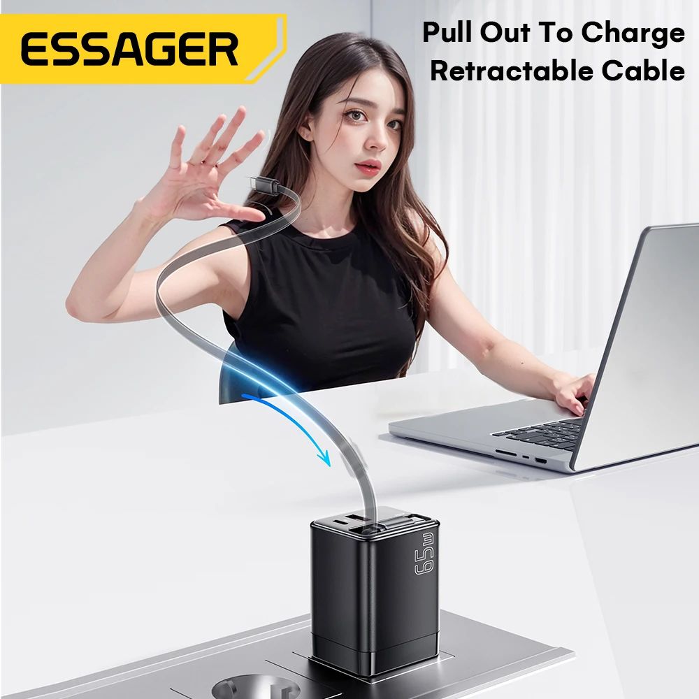 Essager 65W GaN Charger With Retractable Cable PD Fast Charging USBC Laptop Phone Power Adapter 1