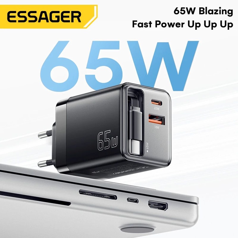 Essager 65W GaN Charger With Retractable Cable PD Fast Charging USBC Laptop Phone Power Adapter 2