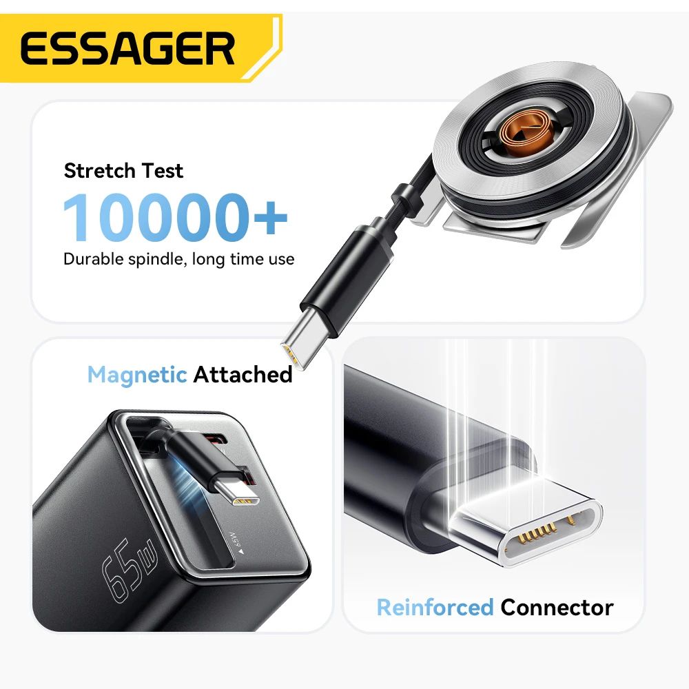 Essager 65W GaN Charger With Retractable Cable PD Fast Charging USBC Laptop Phone Power Adapter 4