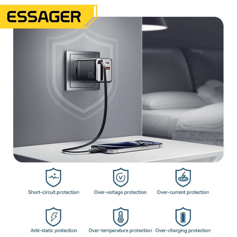 Essager 65W GaN Charger With Retractable Cable PD Fast Charging USBC Laptop Phone Power Adapter 5
