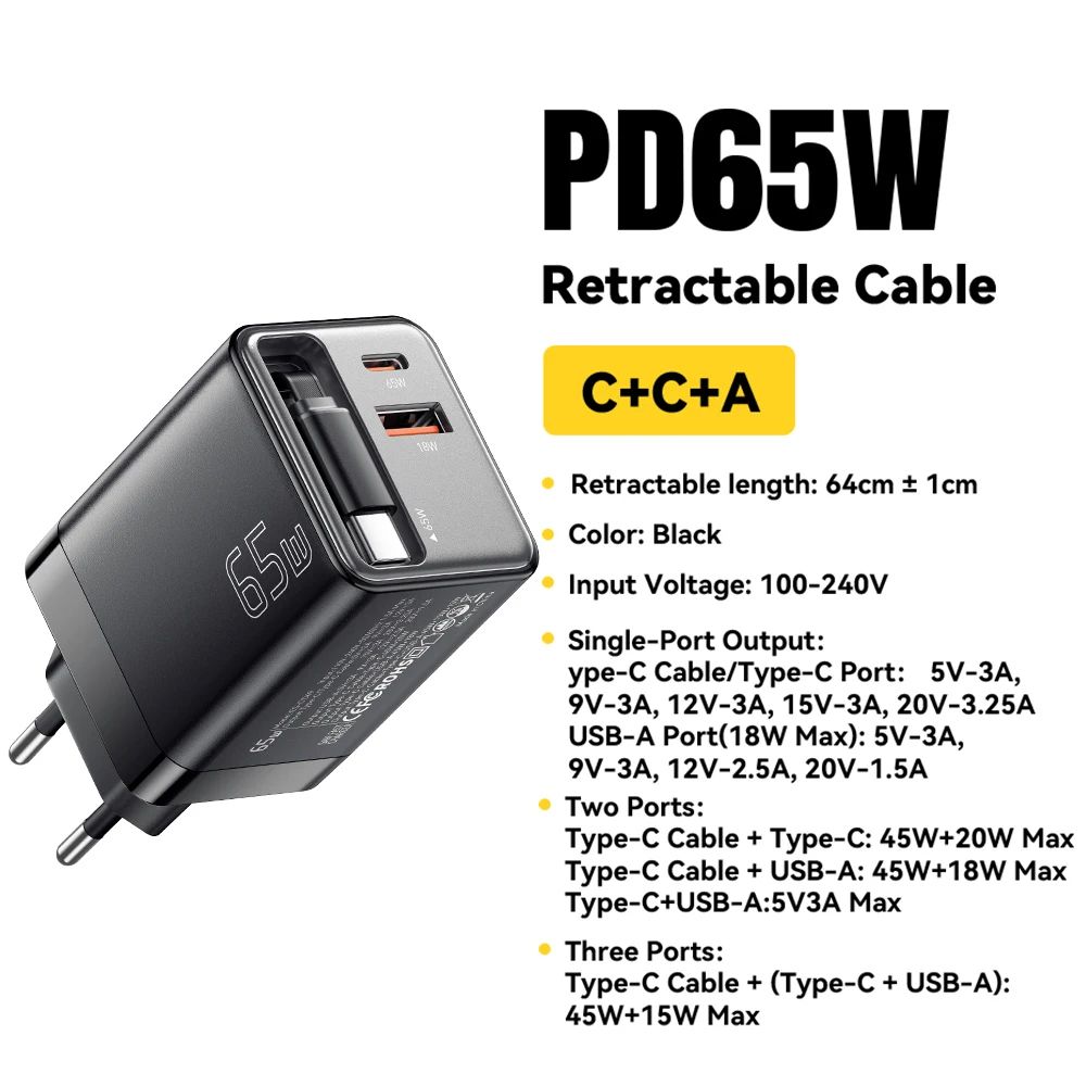 Essager 65W GaN Charger With Retractable Cable PD Fast Charging USBC Laptop Phone Power Adapter 6
