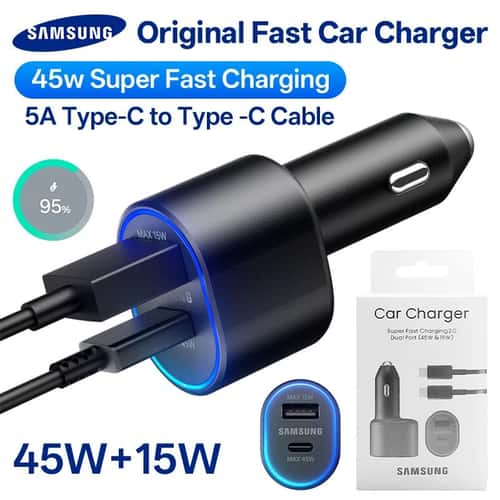 Samsung-Compatible 45W Dual-Port USB-C PD Car Charger (USB-C + USB-A) for Galaxy S25/S24/S23 Ultra