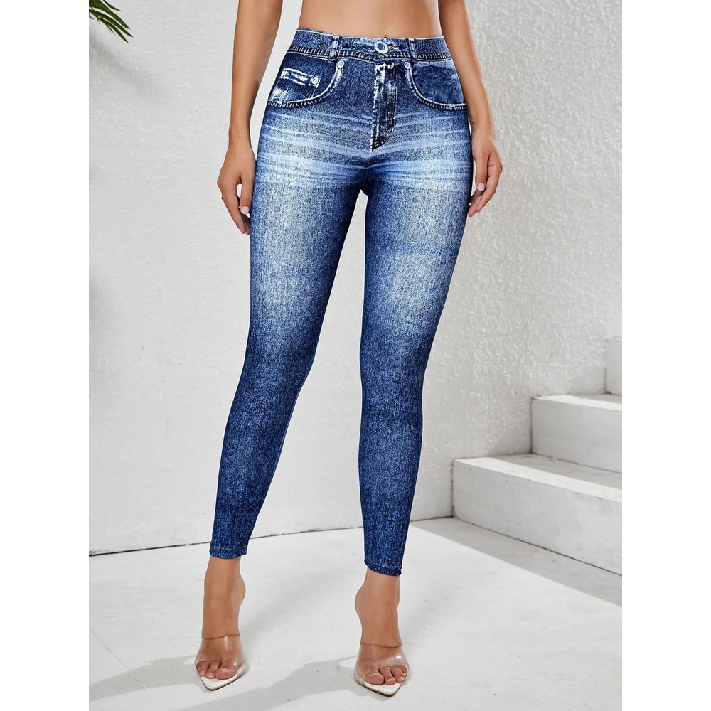 Denim Look High Waist Tummy Control Leggings With Pockets 3