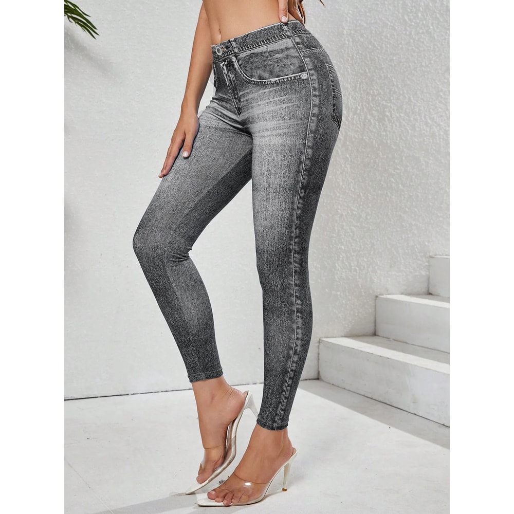 Denim Look High Waist Tummy Control Leggings With Pockets 5