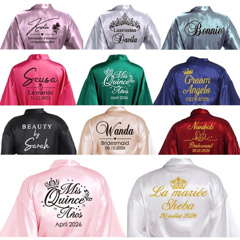 Personalized Faux Silk Bridal Robe With Custom Name Date Elegant Bride Bridesmaid Getting Ready 0