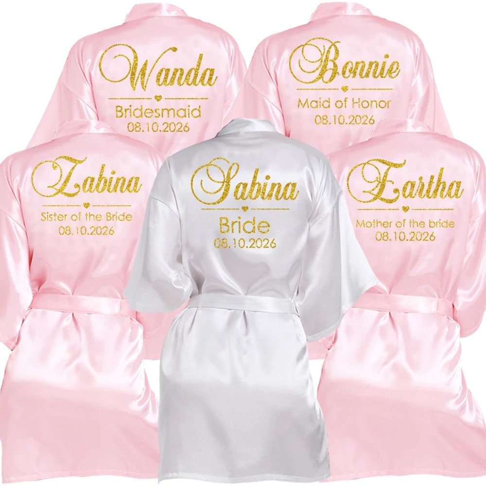 Personalized Faux Silk Bridal Robe With Custom Name Date Elegant Bride Bridesmaid Getting Ready 4