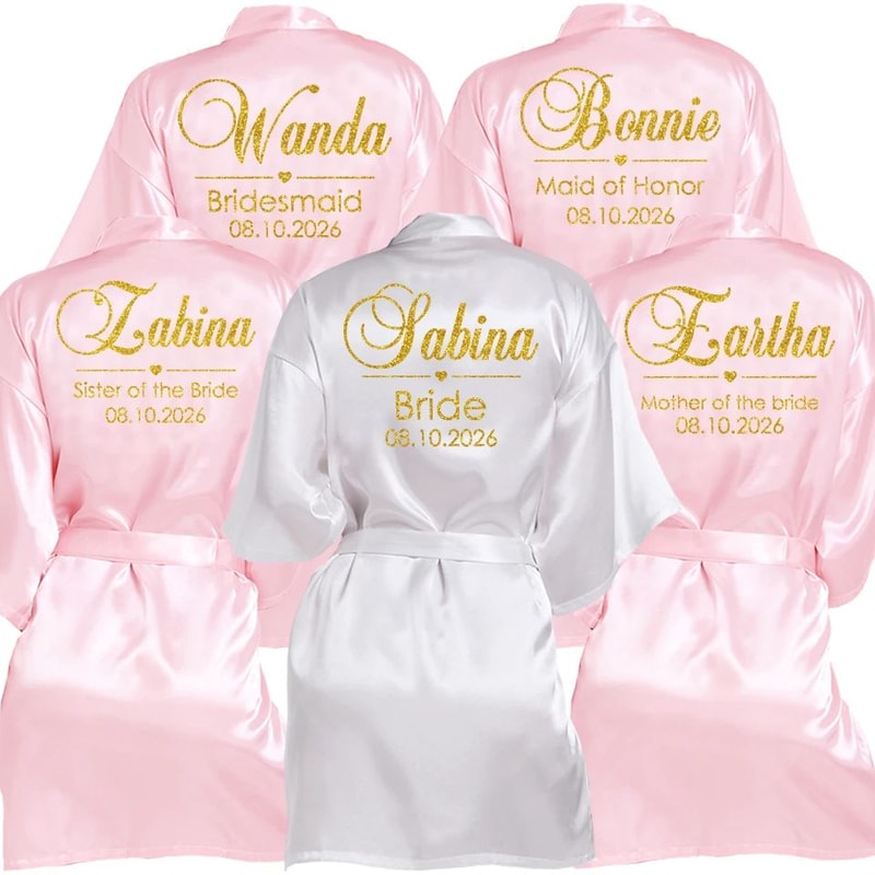 Personalized Faux Silk Bridal Robe With Custom Name Date Elegant Bride Bridesmaid Getting Ready 4