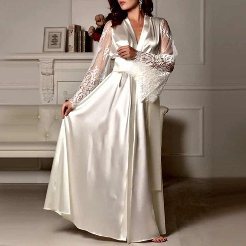 Womens Satin Robe With Lace Trim Long SilkFeel Bathrobe Nightgown 4