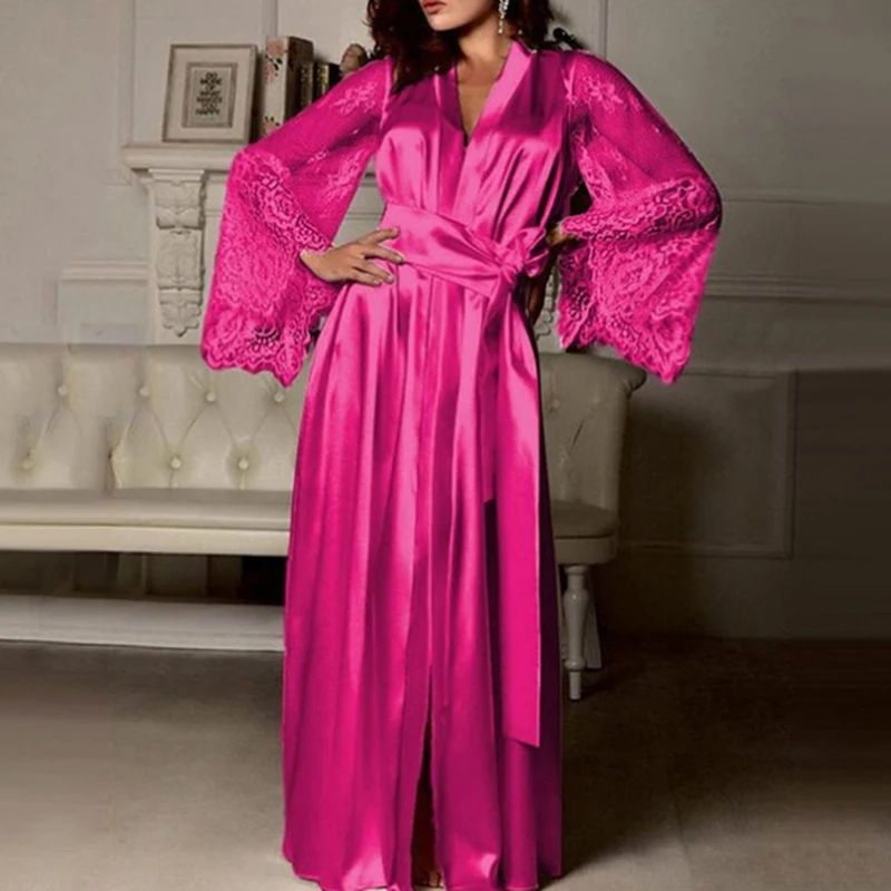 Womens Satin Robe With Lace Trim Long SilkFeel Bathrobe Nightgown 5