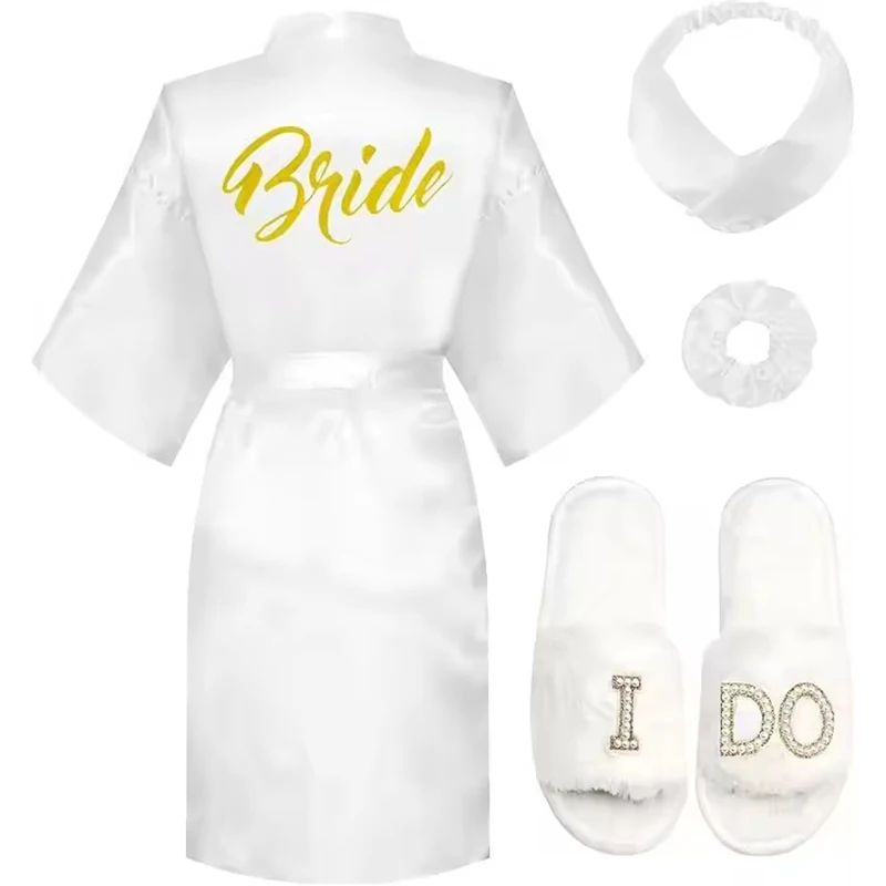 Gold Letter Satin Bridal Robe Short Wedding Kimono For Getting Ready 0