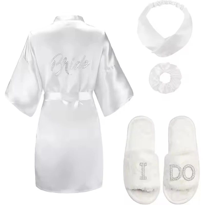 Gold Letter Satin Bridal Robe Short Wedding Kimono For Getting Ready 3