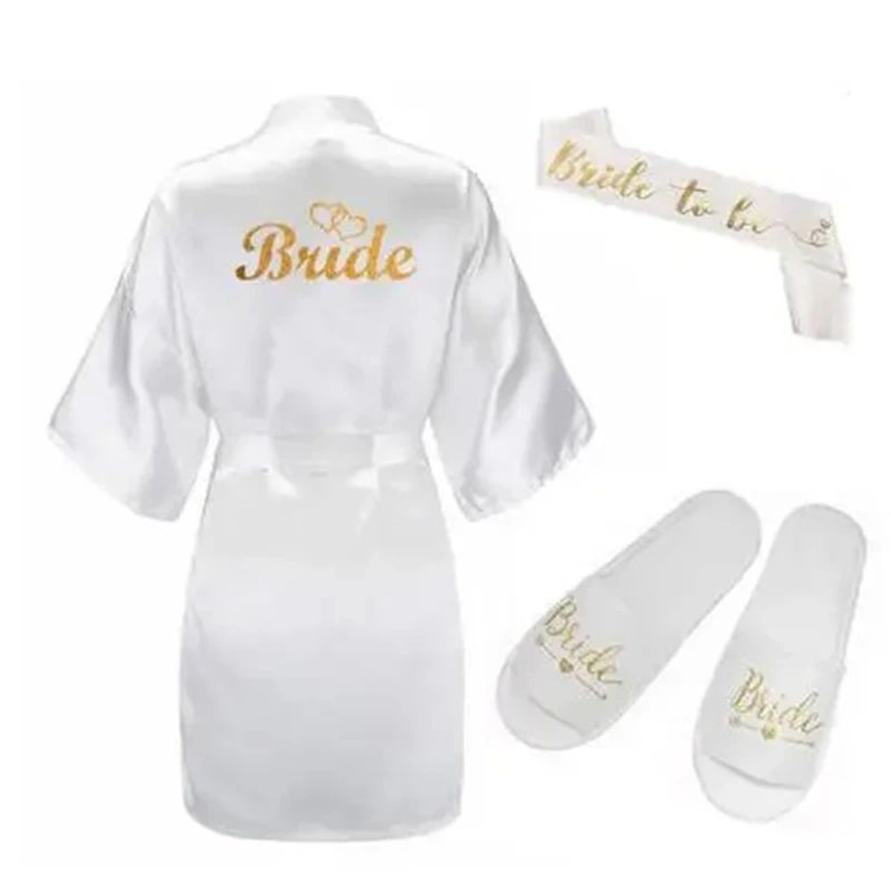 Gold Letter Satin Bridal Robe Short Wedding Kimono For Getting Ready 5