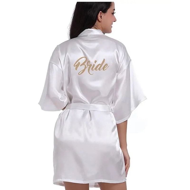 Gold Letter Satin Bridal Robe Short Wedding Kimono For Getting Ready 15