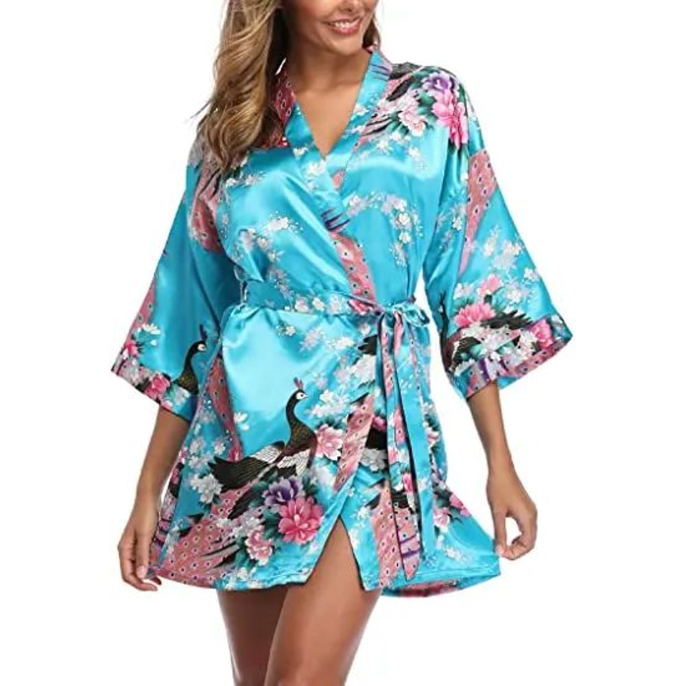Elegant Satin Silk Bridesmaid Robe Crane Print Kimono Bathrobe For Wedding Mornings 0