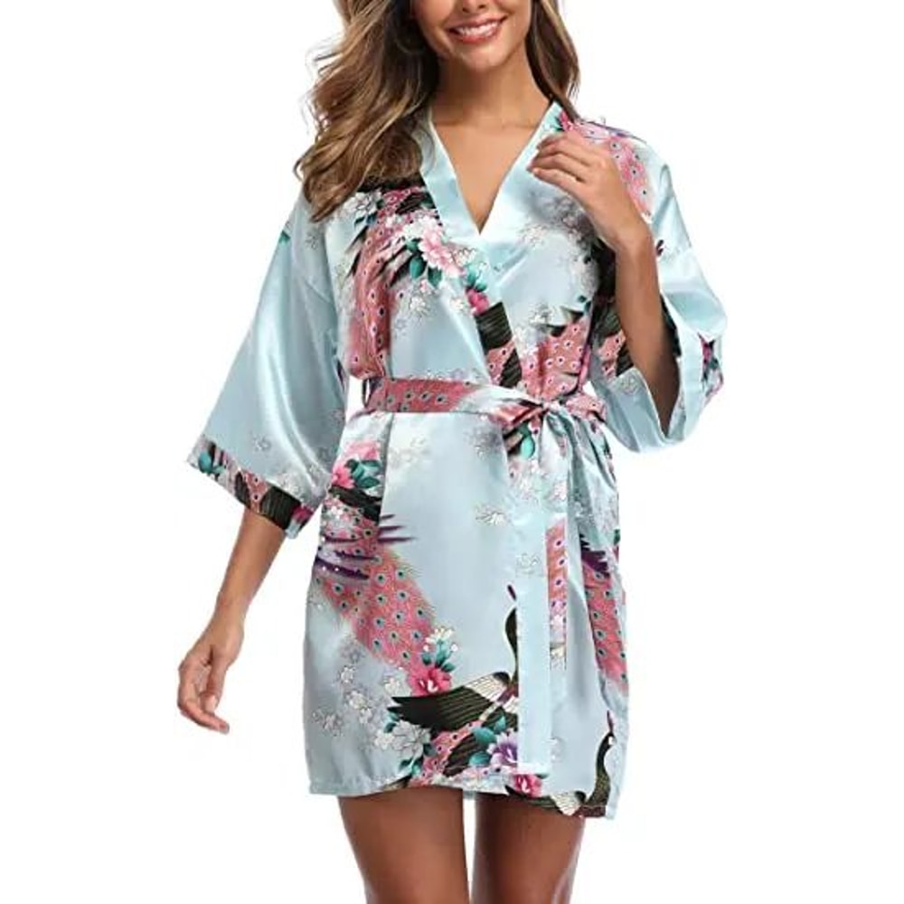 Elegant Satin Silk Bridesmaid Robe Crane Print Kimono Bathrobe For Wedding Mornings 9