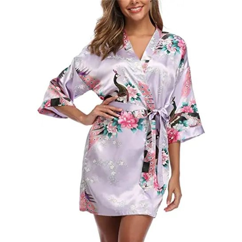 Elegant Satin Silk Bridesmaid Robe Crane Print Kimono Bathrobe For Wedding Mornings 3