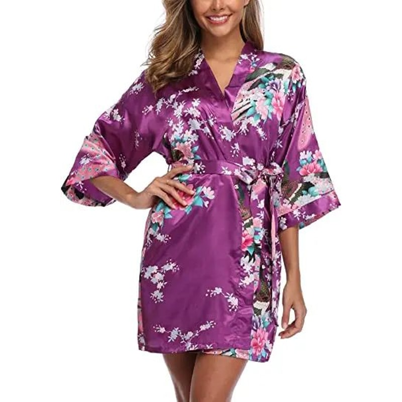 Elegant Satin Silk Bridesmaid Robe Crane Print Kimono Bathrobe For Wedding Mornings 4