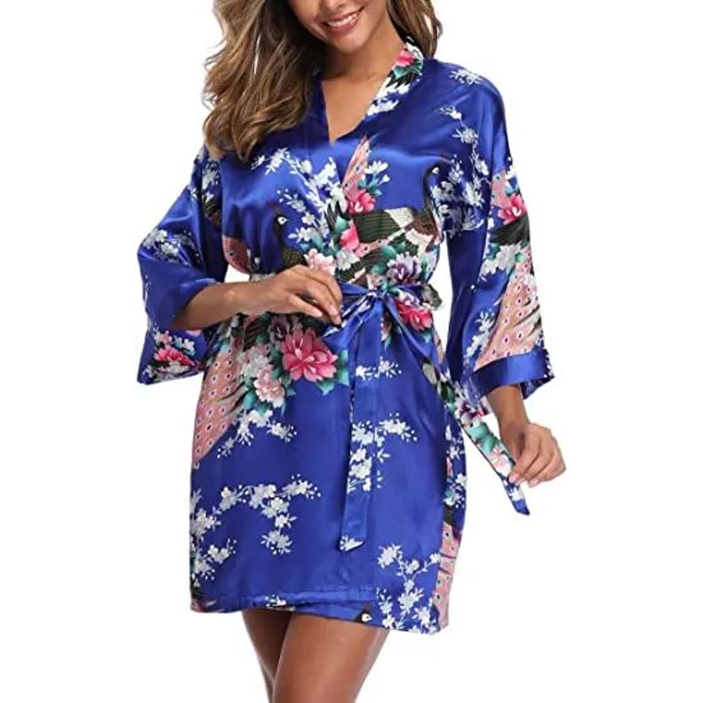 Elegant Satin Silk Bridesmaid Robe Crane Print Kimono Bathrobe For Wedding Mornings 6