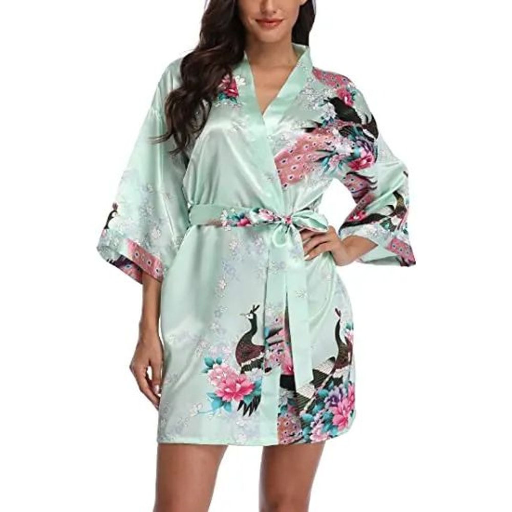 Elegant Satin Silk Bridesmaid Robe Crane Print Kimono Bathrobe For Wedding Mornings 7
