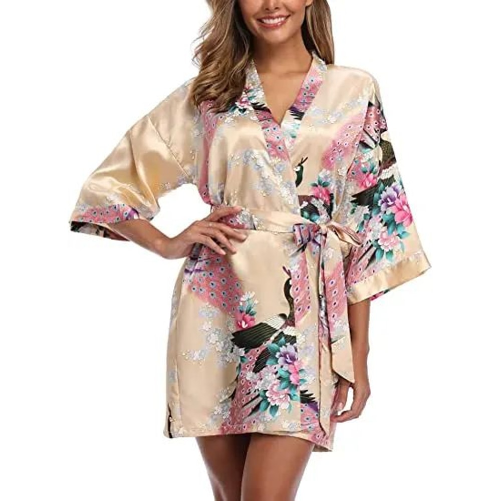 Elegant Satin Silk Bridesmaid Robe Crane Print Kimono Bathrobe For Wedding Mornings 8