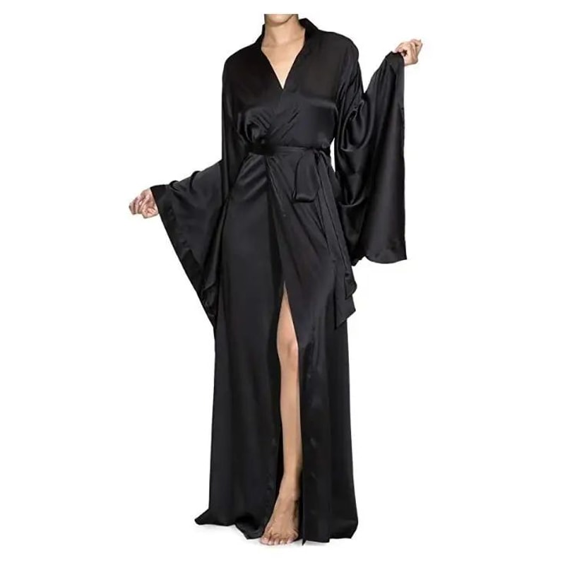 Silk Satin Lace Bathrobe Elegant Long Sleeve Silk Satin Nightgown For Women 1