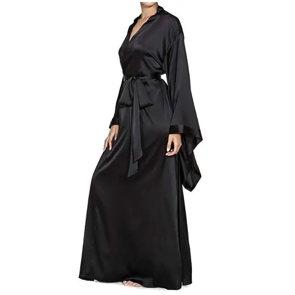 Silk Satin Lace Bathrobe Elegant Long Sleeve Silk Satin Nightgown For Women 3