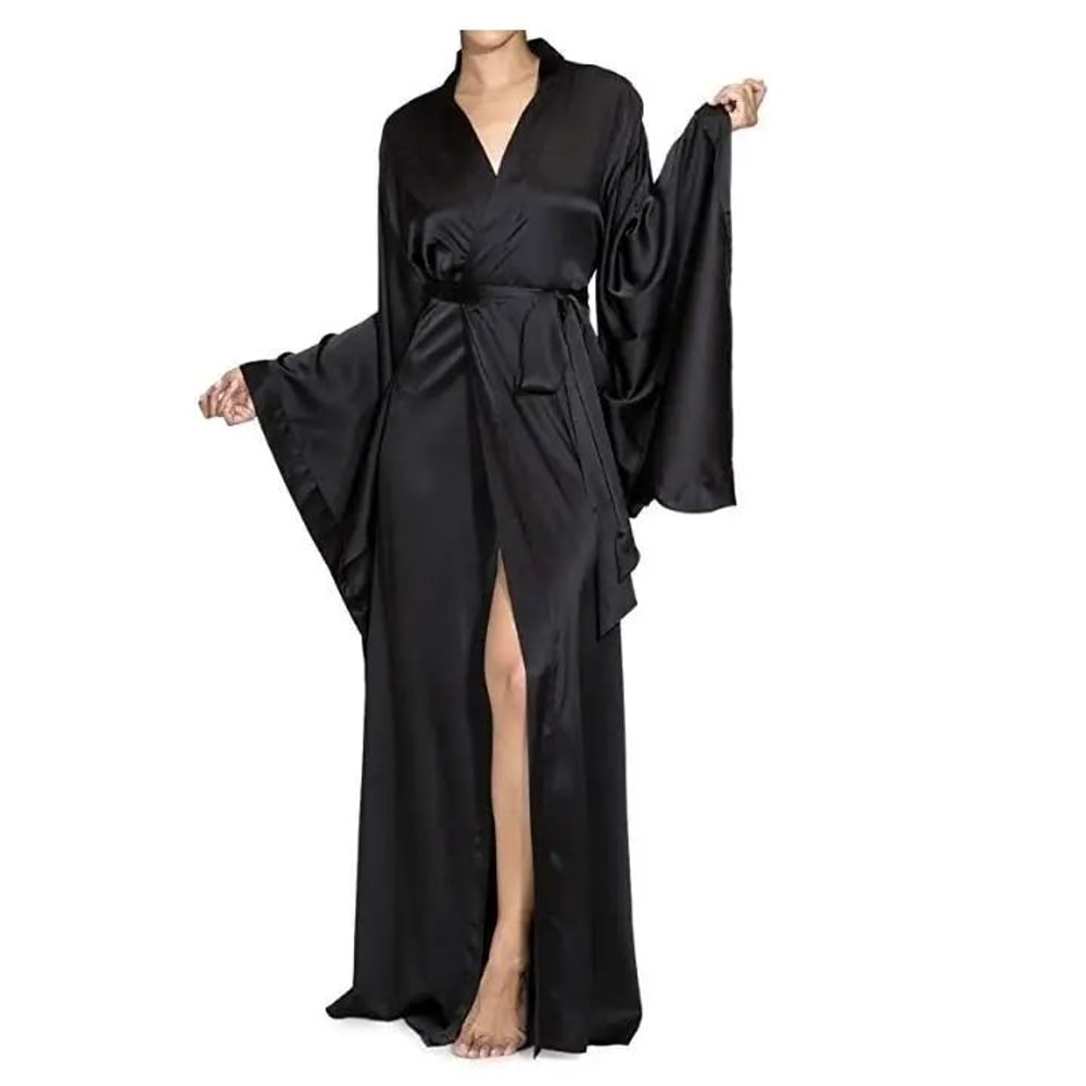 Silk Satin Lace Bathrobe Elegant Long Sleeve Silk Satin Nightgown For Women 4