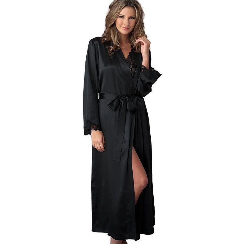 Silk Satin Lace Bathrobe Elegant Long Sleeve Silk Satin Nightgown For Women 5