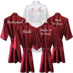 burgundy satin bridal robe for weddings & bridesmaids - silky kimono bathrobe