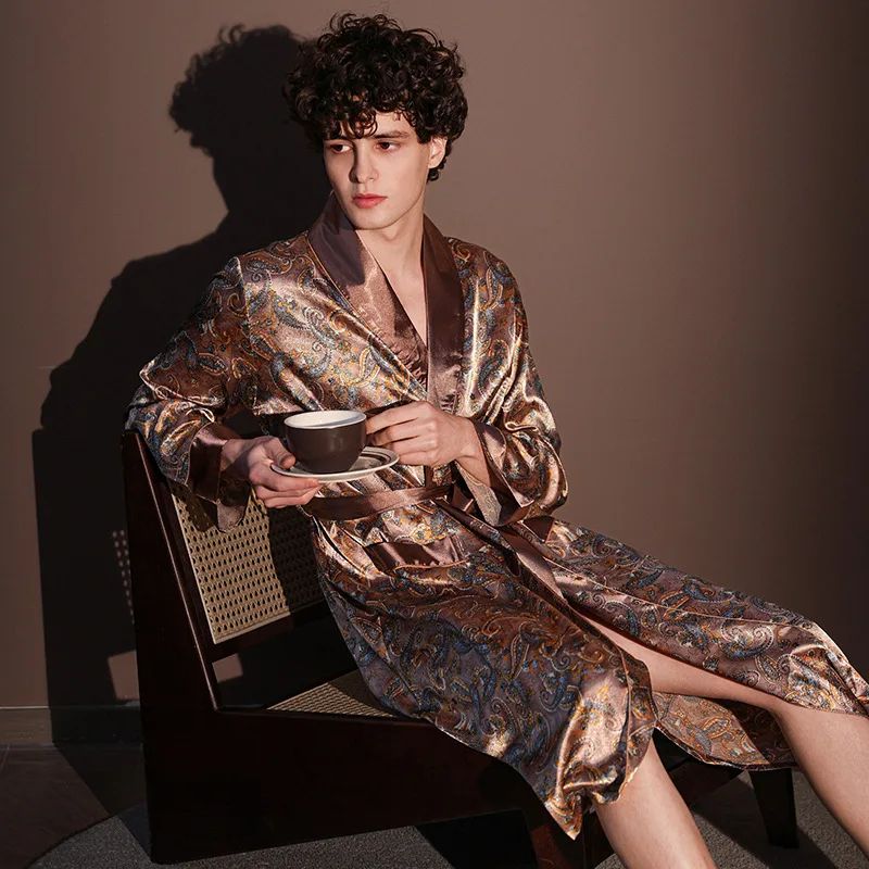 IceSilk Luxe Mens Lightweight Summer Robe Breathable Printed Bathrobe Loungewear 2