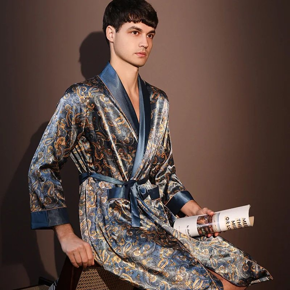 IceSilk Luxe Mens Lightweight Summer Robe Breathable Printed Bathrobe Loungewear 3