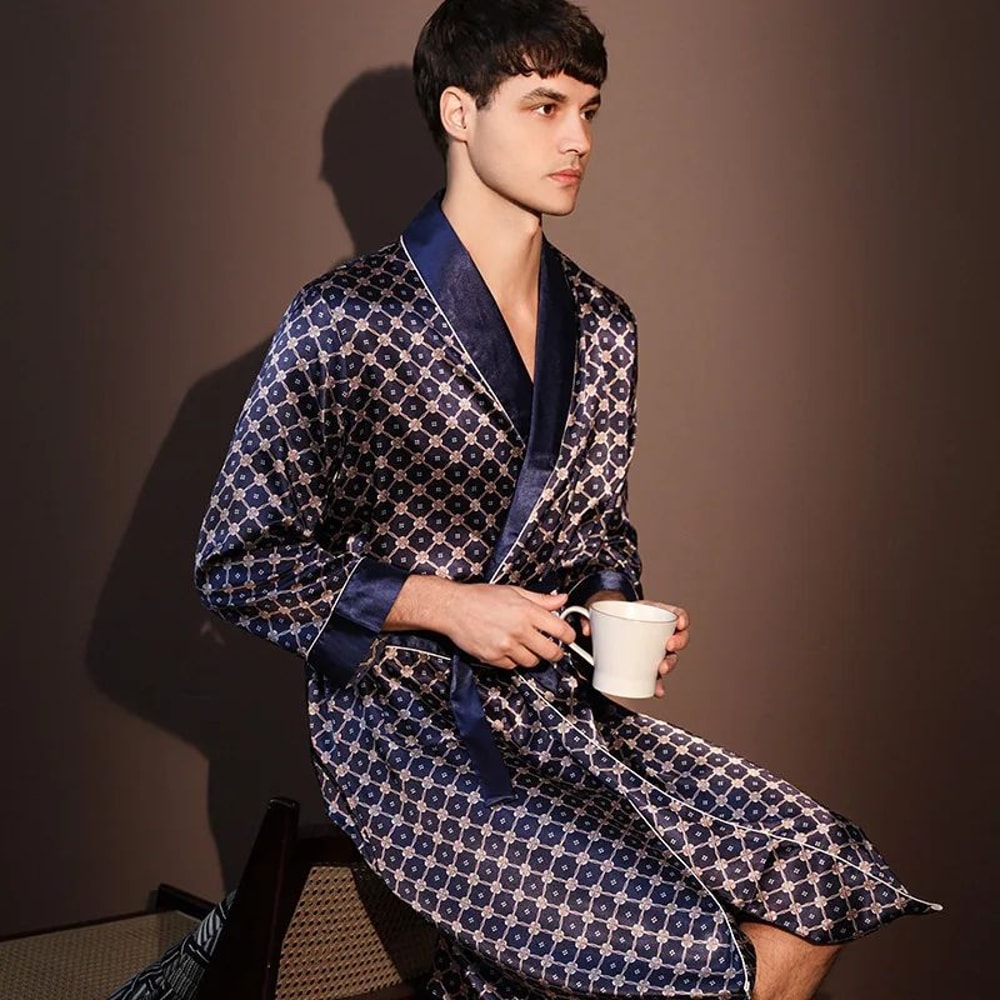 IceSilk Luxe Mens Lightweight Summer Robe Breathable Printed Bathrobe Loungewear 4