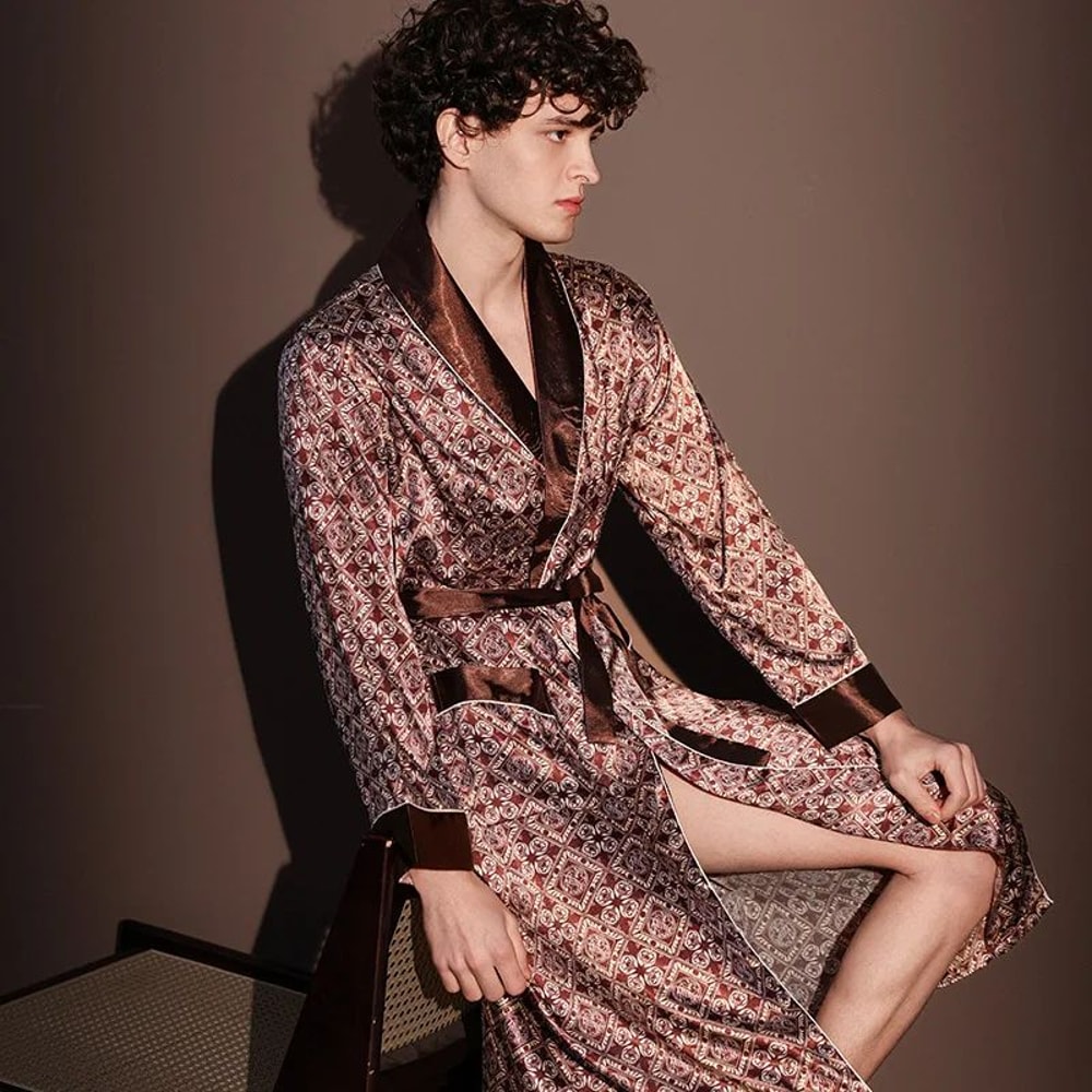 IceSilk Luxe Mens Lightweight Summer Robe Breathable Printed Bathrobe Loungewear 5