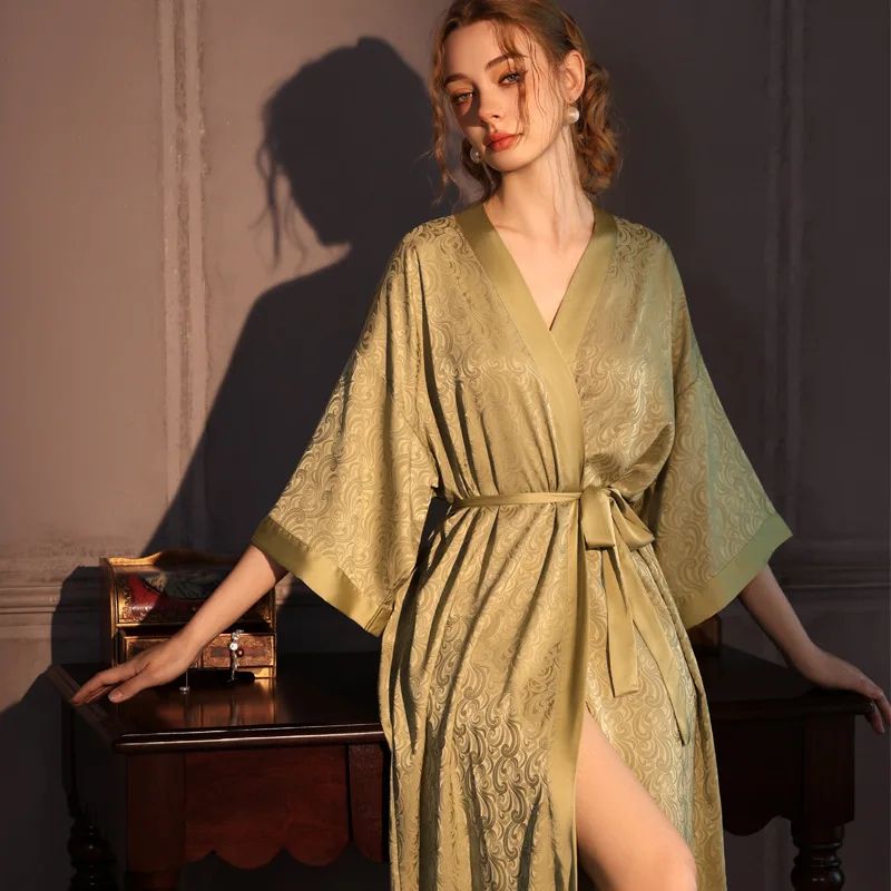 Silk Jacquard Kimono Robe Luxury Satin Ice Silk Long Womens Bathrobe 4