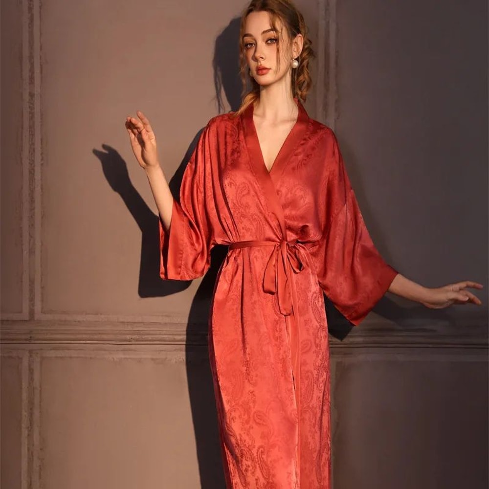 Silk Jacquard Kimono Robe Luxury Satin Ice Silk Long Womens Bathrobe 5