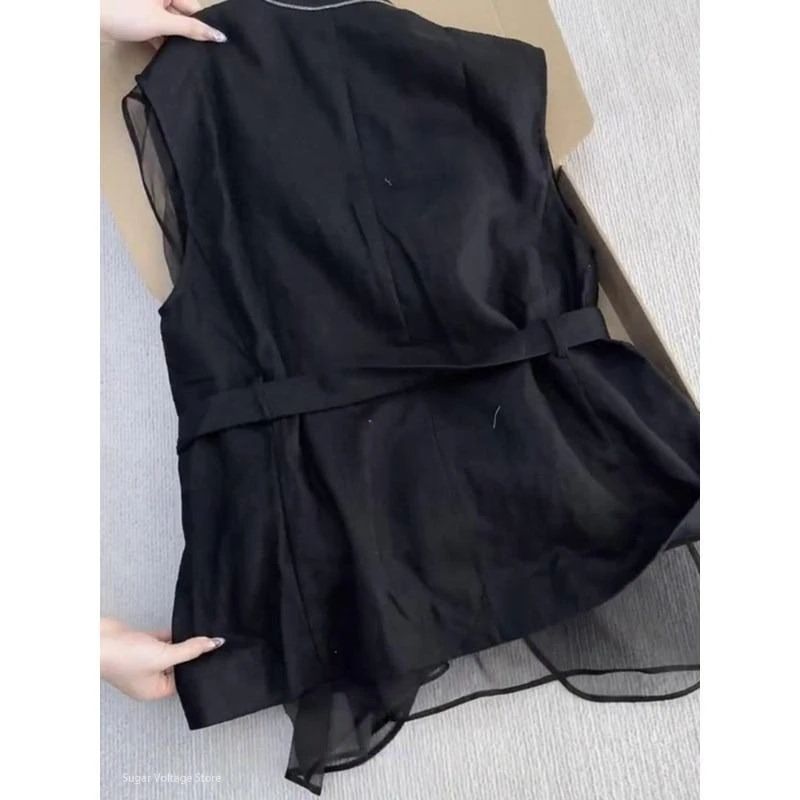 Korean Summer Black Sleeveless Vest Slim Waist V Neck Waistcoat With Mesh Patchwork 3