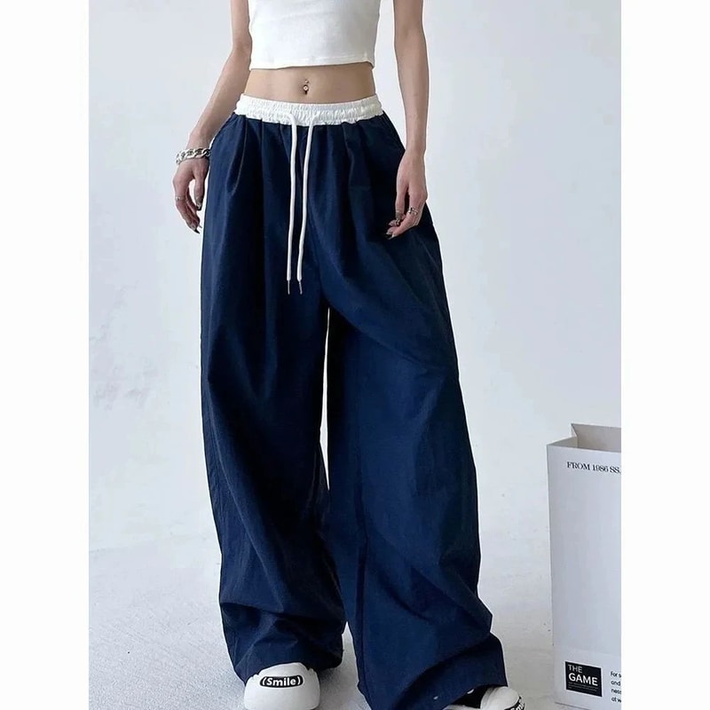 Y2K Gothic Wide Leg Cargo Pants For Women Adjustable Drawstring Streetwear Trousers 0