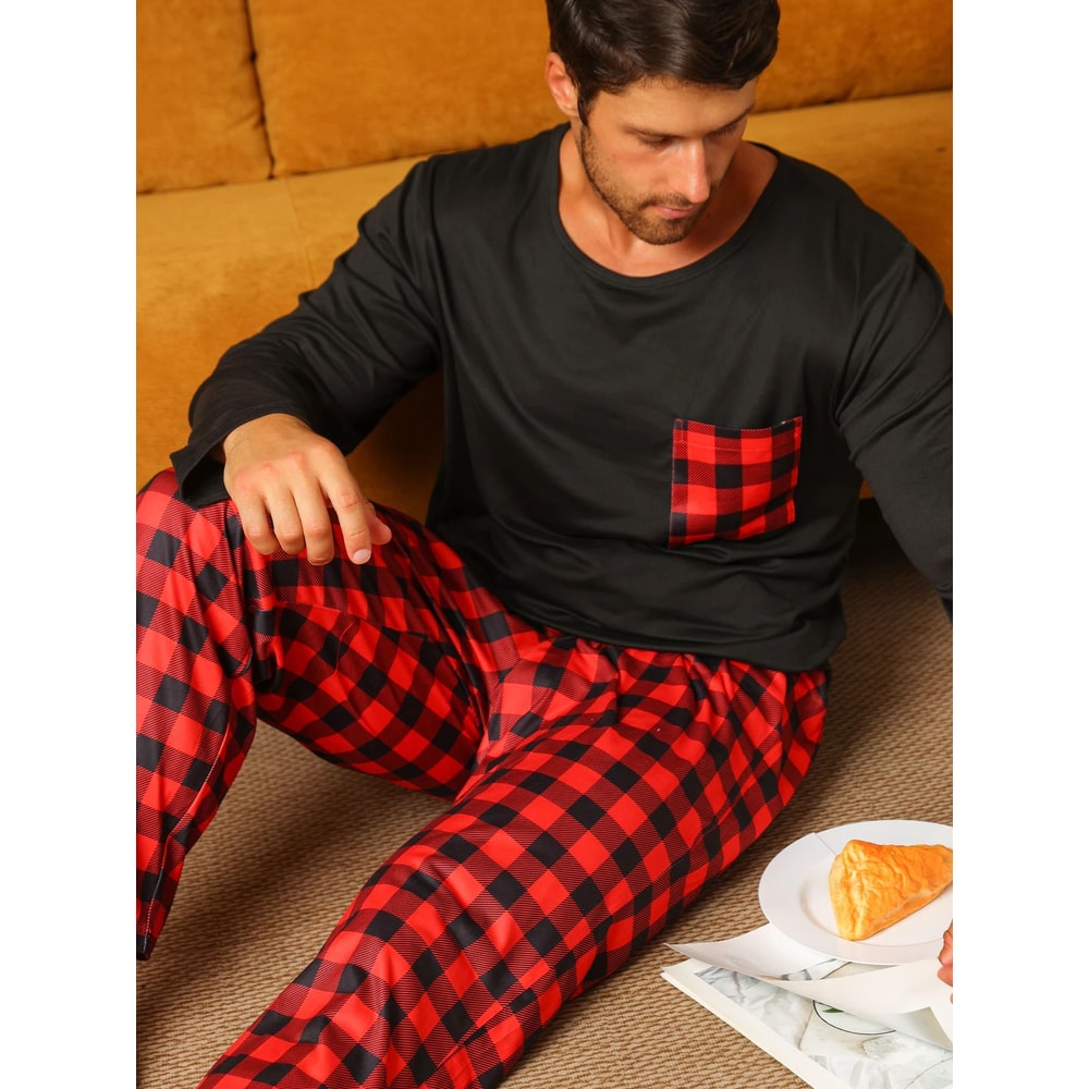 Mens Cotton Plaid Pajama Set Warm Long Sleeve Winter Sleepwear 0